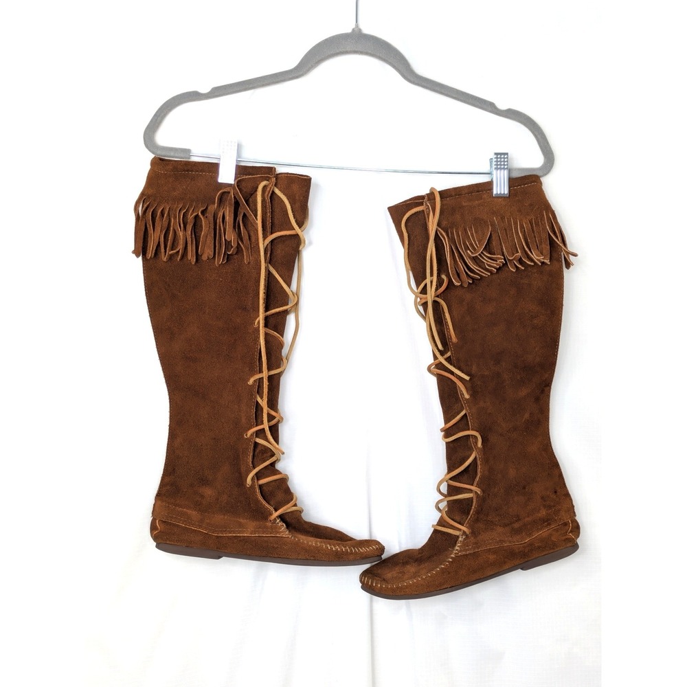 Minnetonka Tall Suede Fringe Lace Up Moccasin Boots Brown Size Unknown 17"